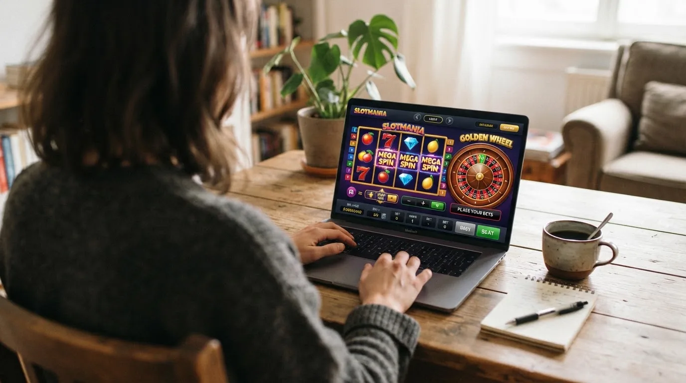Person am Laptop liest eine Übersichtsseite zu Glücksspielen im Internet — 10 euro bonus ohne einzahlung casino