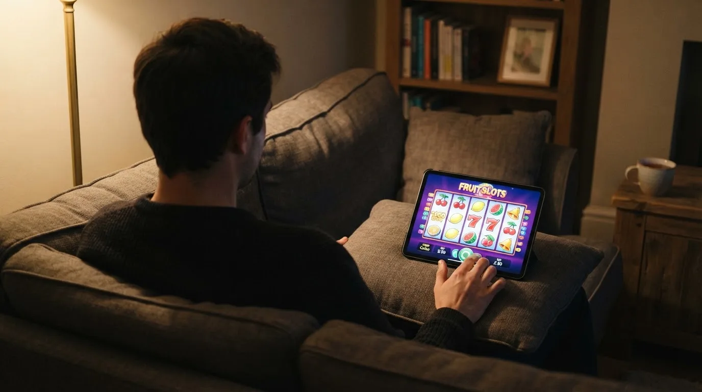 Person sitzt entspannt auf einem Sofa und blickt konzentriert auf ein Tablet in gedämpftem Wohnzimmerlicht am Abend.