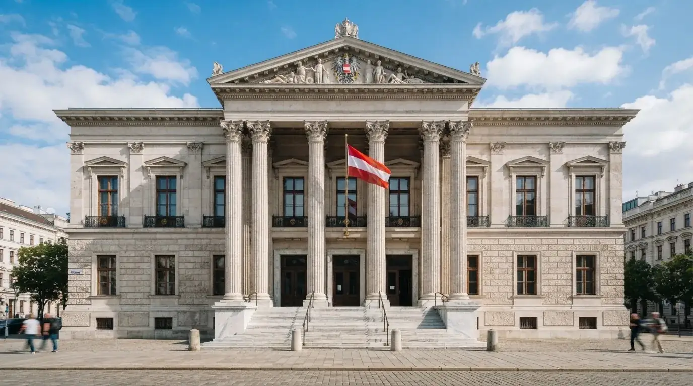 Fassade eines klassizistischen Wiener Amtsgebäudes mit österreichischer Flagge an einem klaren Nachmittag.