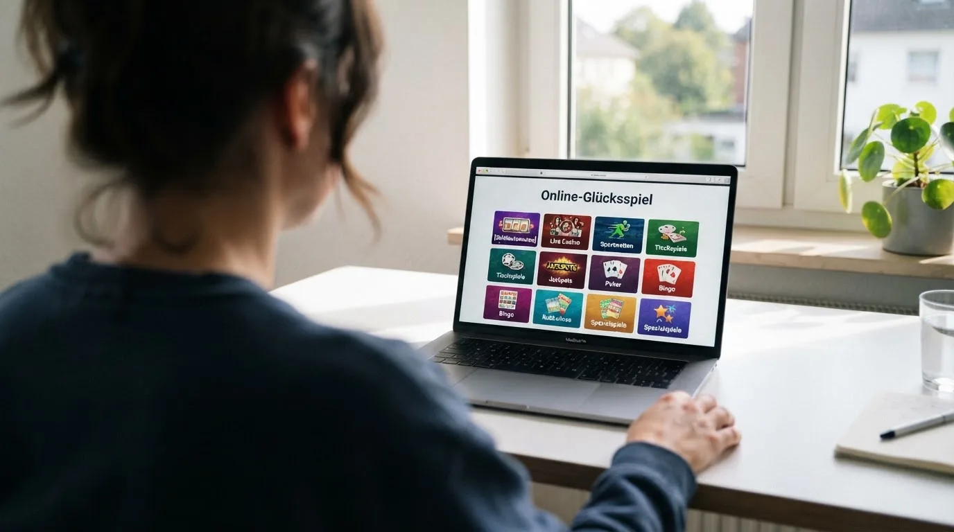 Person am Laptop liest eine Übersichtsseite zu Glücksspielen im Internet — 15 euro bonus ohne einzahlung casino