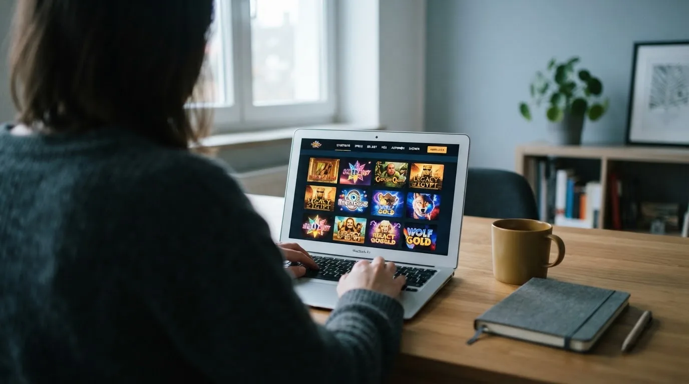 Person am Laptop liest eine Übersichtsseite zu Glücksspielen im Internet — 150 freispiele ohne einzahlung