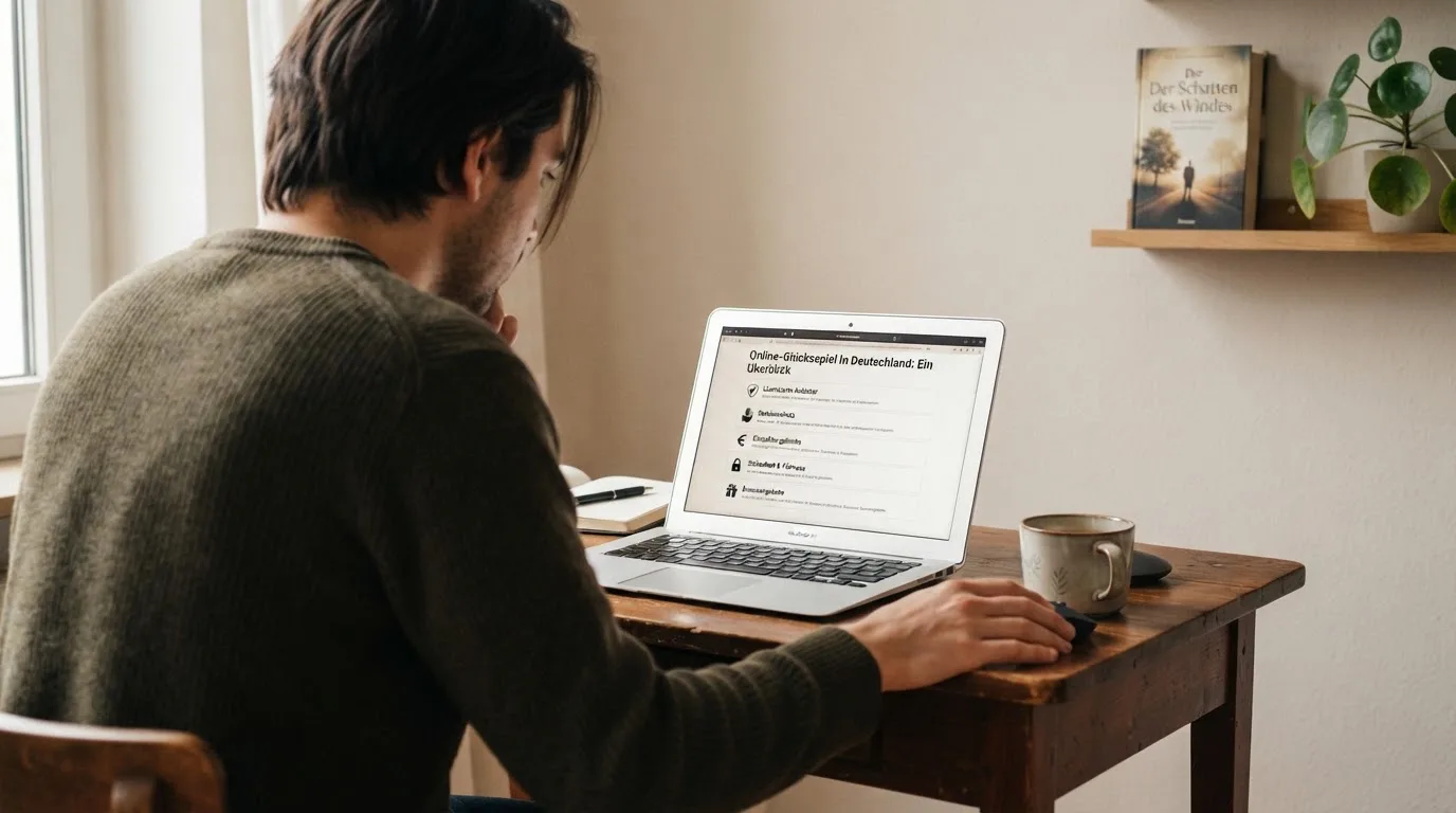 Person am Laptop liest eine Übersichtsseite zu Glücksspielen im Internet — 20 euro bonus ohne einzahlung casino