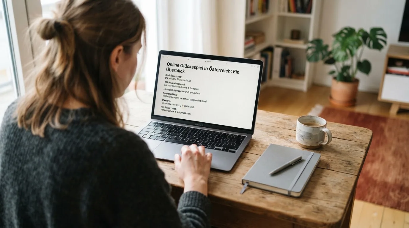 Person am Laptop liest eine Übersichtsseite zu Glücksspielen im Internet — 20 freispiele ohne einzahlung