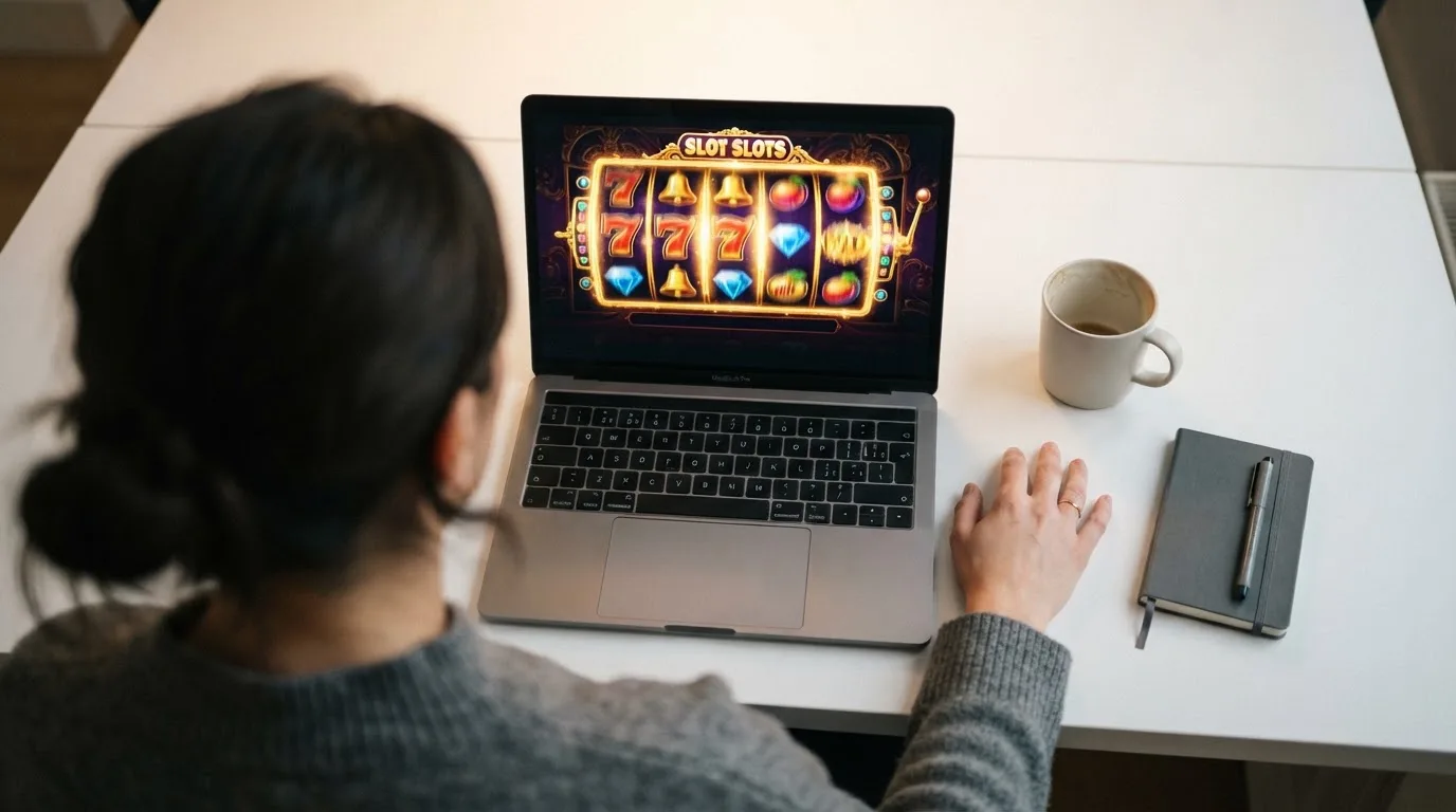 Person am Laptop liest eine Übersichtsseite zu Glücksspielen im Internet — 30 euro bonus ohne einzahlung casino