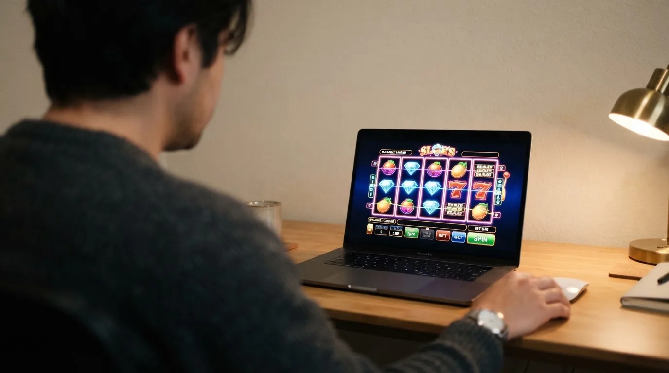 Person am Laptop liest eine Übersichtsseite zu Glücksspielen im Internet — 40 euro bonus ohne einzahlung casino
