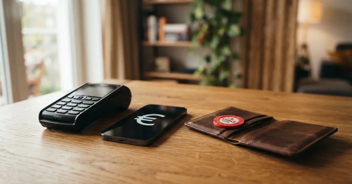 Kartenterminal und Smartphone auf einem Holztisch neben einer Geldbörse — 40 euro bonus ohne einzahlung casino