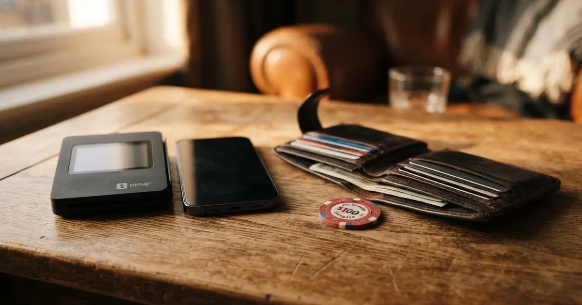 Kartenterminal und Smartphone auf einem Holztisch neben einer Geldbörse — 5 euro bonus ohne einzahlung casino