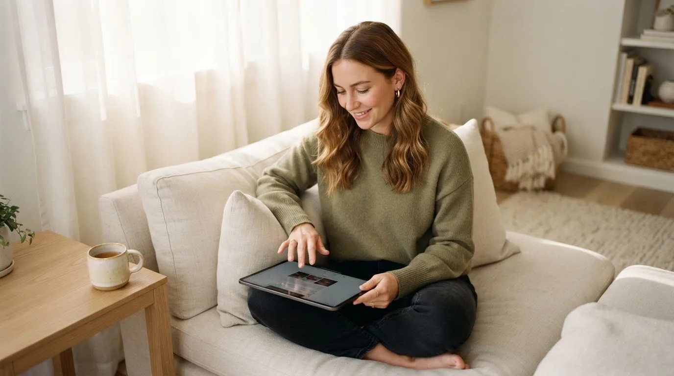 Person sitzt entspannt mit einem Tablet auf dem Schoß in einem hellen Wohnzimmer und blickt konzentriert auf den Bildschirm.