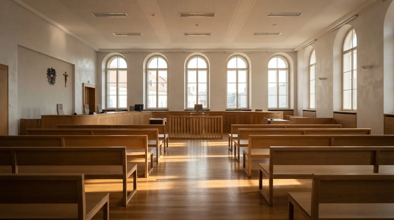 Innenansicht eines modernen Gerichtssaals mit leeren Holzbänken und hohen Fenstern, durch die Nachmittagslicht fällt.
