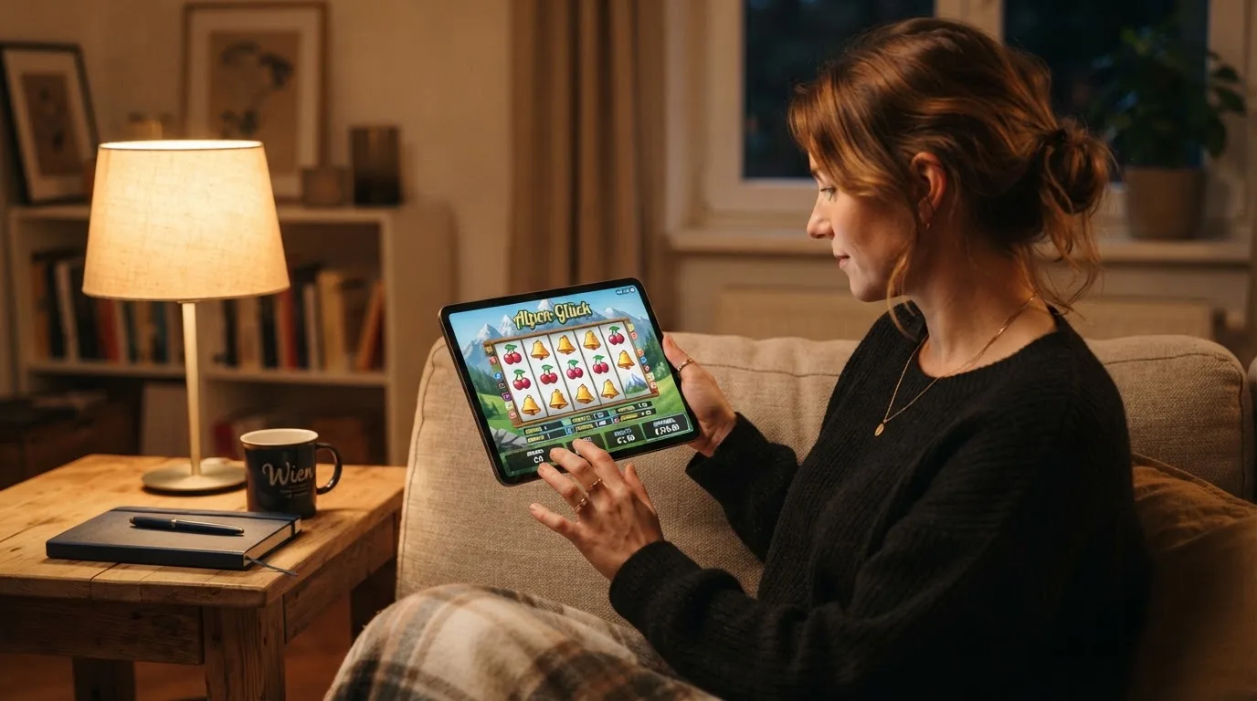 Person sitzt entspannt auf einem Sofa und blickt konzentriert auf ein Tablet in gedämpftem Wohnzimmerlicht am Abend.