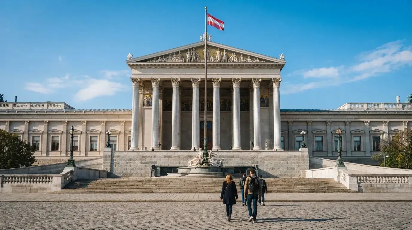 Fassade eines klassizistischen Wiener Amtsgebäudes mit österreichischer Flagge an einem klaren Nachmittag.