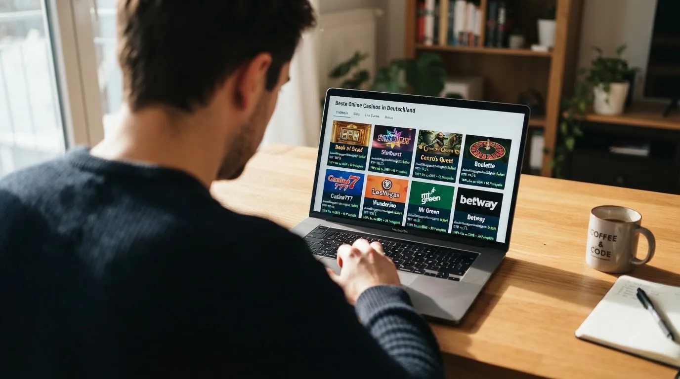 Person am Laptop liest eine Übersichtsseite zu Glücksspielen im Internet — beste casino mit schneller auszahlung