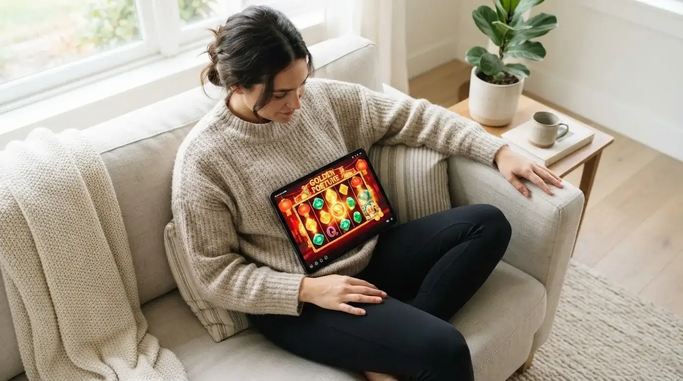 Person sitzt entspannt mit einem Tablet auf dem Schoß in einem hellen Wohnzimmer.