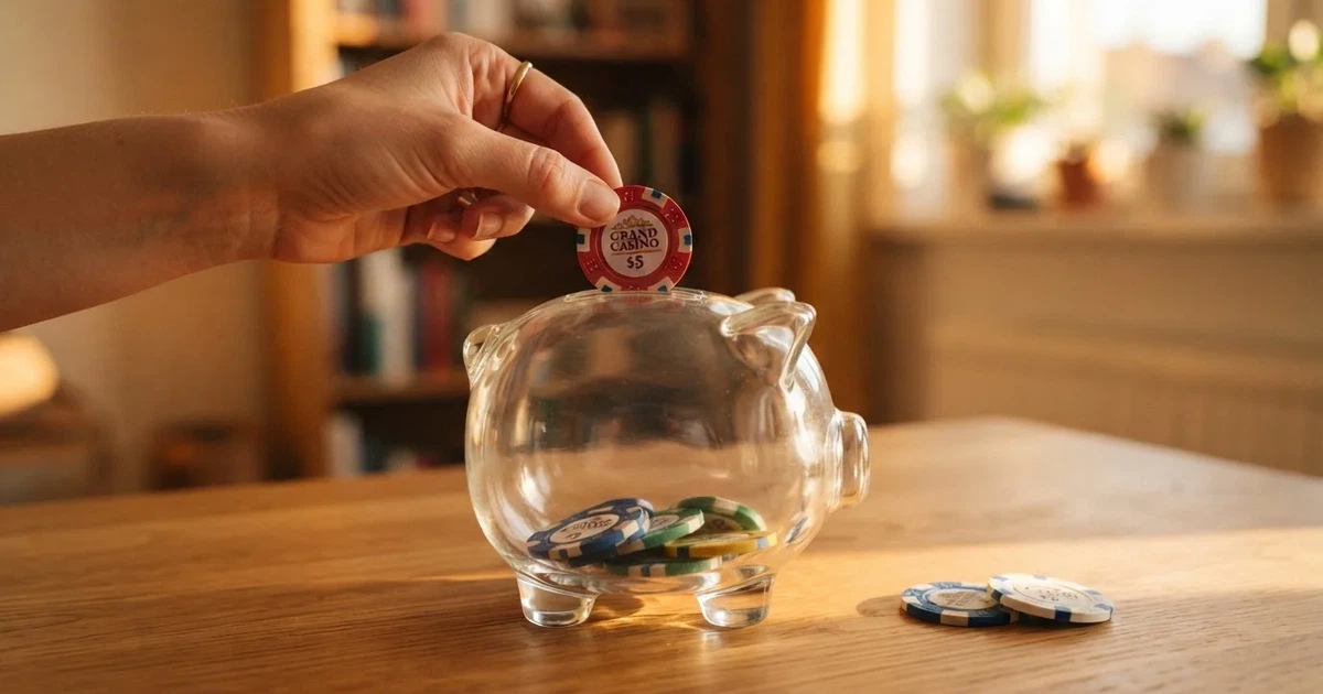 Nahaufnahme einer Hand, die Münzen in ein Sparschwein aus Glas auf einem Holztisch steckt.