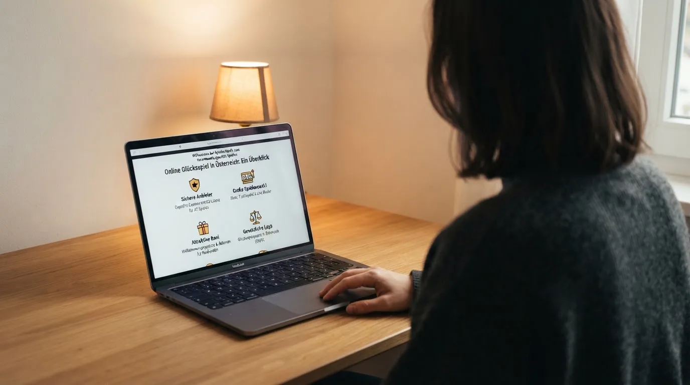 Person am Laptop liest eine Übersichtsseite zu Glücksspielen im Internet — beste live baccarat österreich