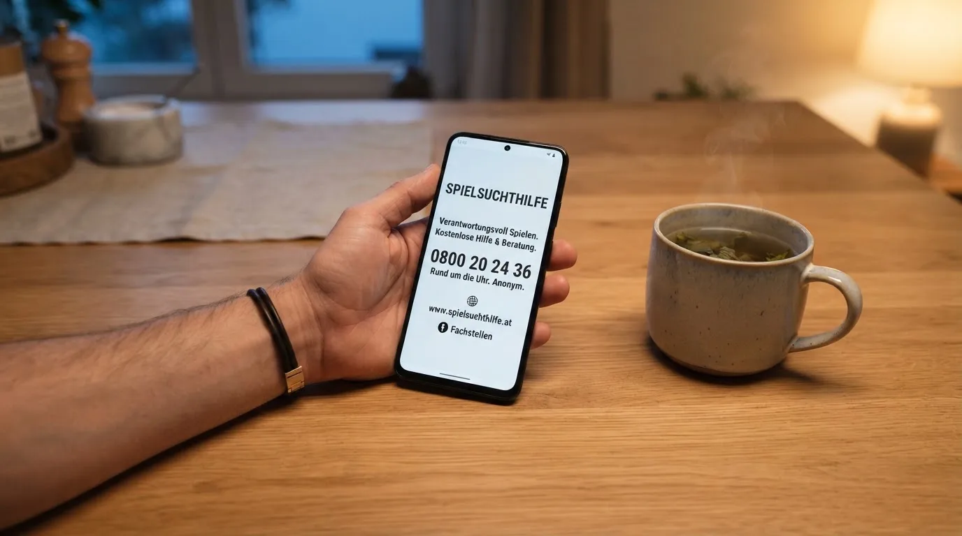 Hand hält ein Smartphone, daneben eine Tasse Tee, ruhige Abendstimmung am Küchentisch — beste online casino ausland