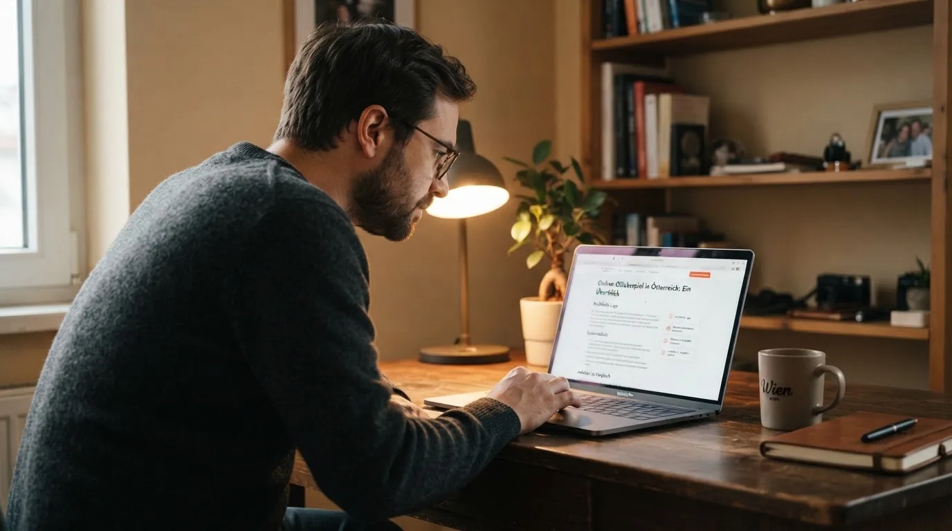 Person am Laptop liest eine Übersichtsseite zu Glücksspielen im Internet — beste online casino echtgeld app