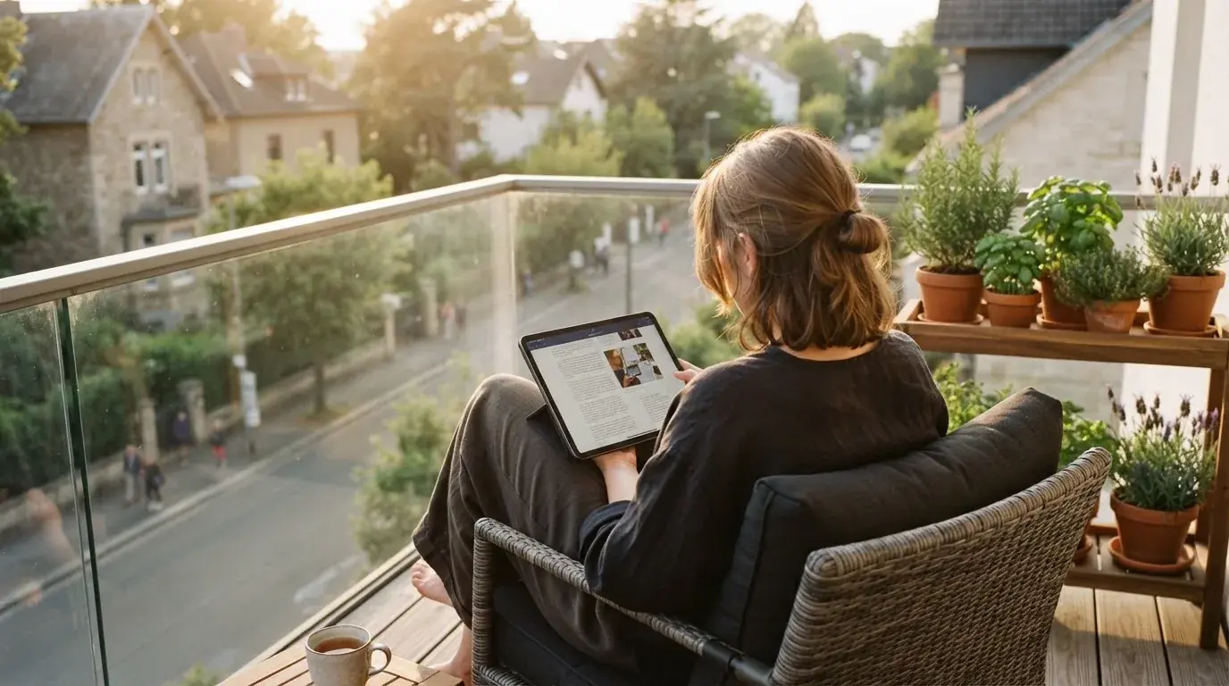 Person sitzt entspannt mit einem Tablet auf dem Balkon eines modernen Apartments.