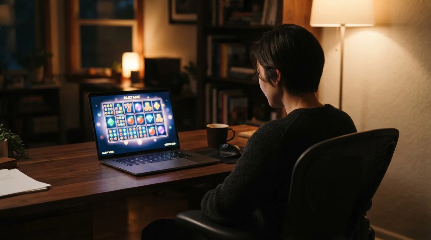 Person am Laptop liest eine Übersichtsseite zu Glücksspielen im Internet — beste online casino mit banküberweisung bezahlen