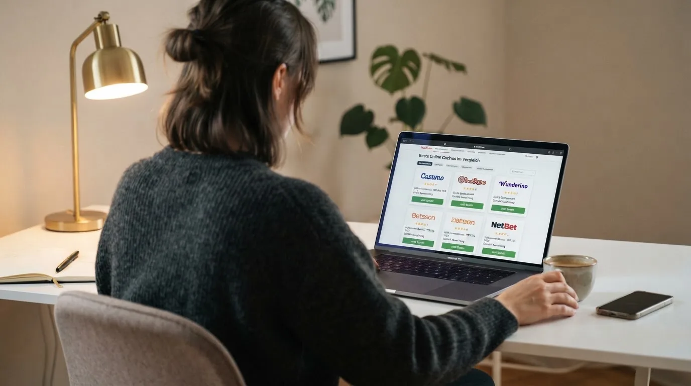 Person am Laptop liest eine Übersichtsseite zu Glücksspielen im Internet — beste online casino mit cashtocode bezahlen