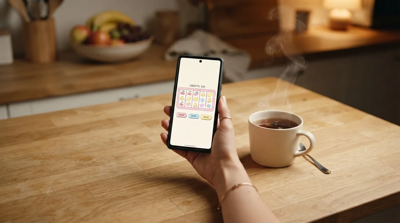 Hand hält ein Smartphone, daneben eine Tasse Tee, ruhige Abendstimmung am Küchentisch — beste online casinos echtgeld