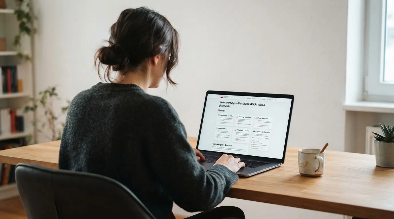Person am Laptop liest eine Übersichtsseite zu Glücksspielen im Internet — beste online casinos mit österreichischer lizenz