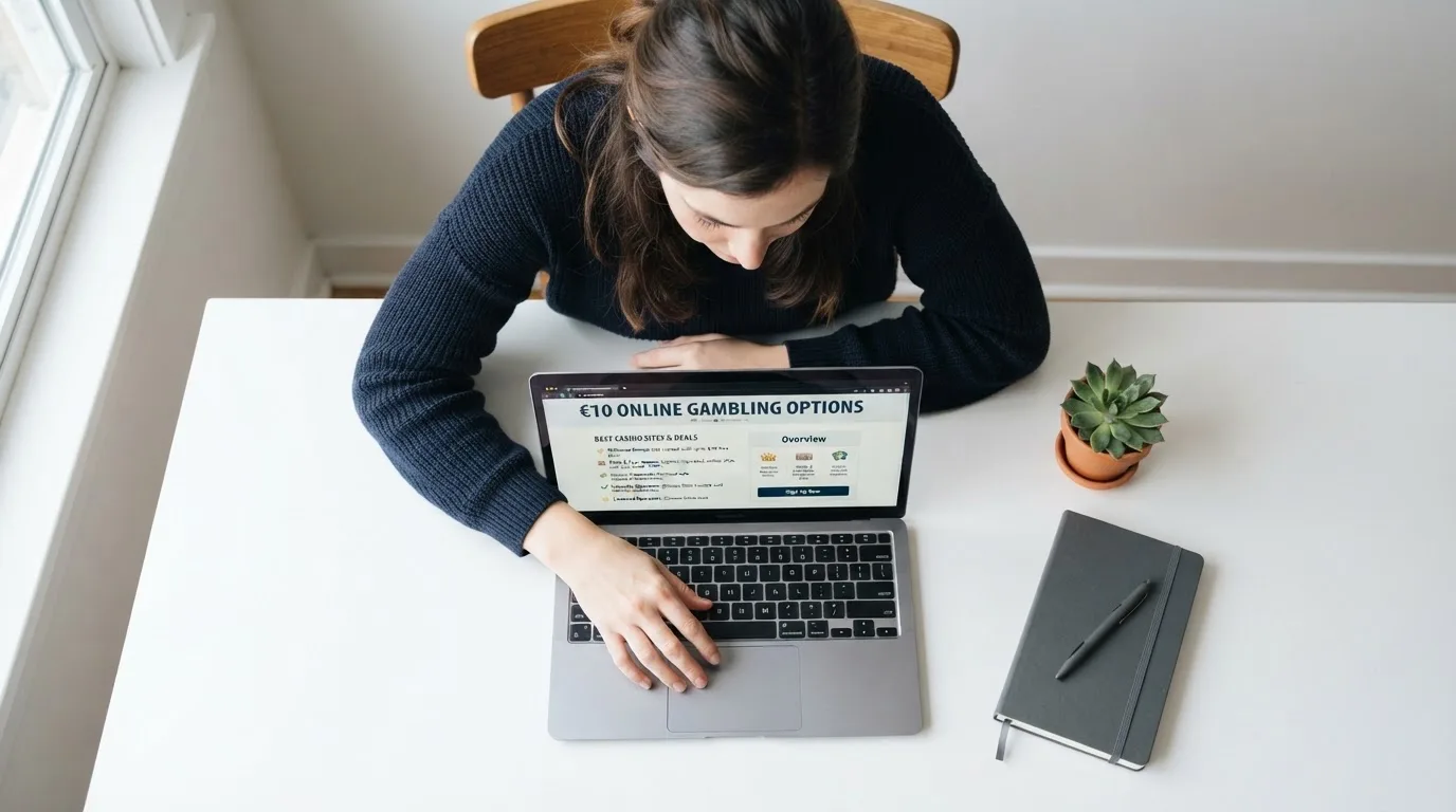 Person am Laptop liest eine Übersichtsseite zu Glücksspielen im Internet — beste online casinos österreich mit no deposit bonus