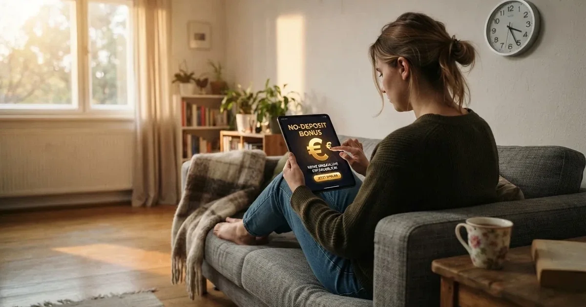 Person am Sofa schaut nachdenklich auf ein Tablet, im Hintergrund eine Uhr — beste online casinos österreich mit no deposit bonus
