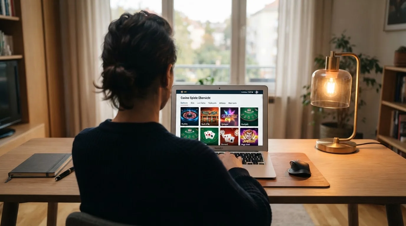 Person am Laptop liest eine Übersichtsseite zu Glücksspielen im Internet — beste online casinos ohne verifizierung