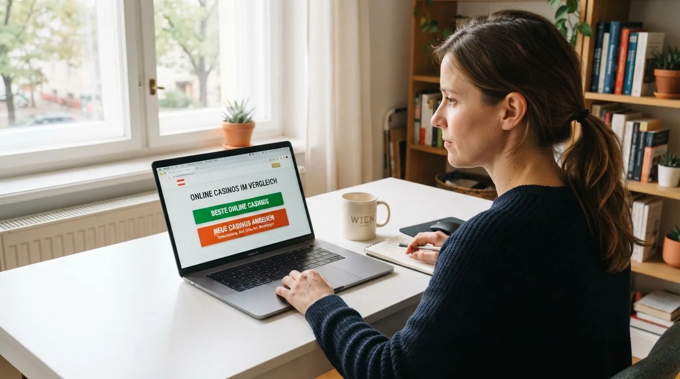 Person am Laptop liest eine Übersichtsseite zu Glücksspielen im Internet — bester willkommensbonus online casino