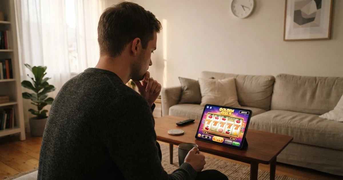 Person am Sofa schaut nachdenklich auf ein Tablet, im Hintergrund eine Uhr — bester willkommensbonus online casino