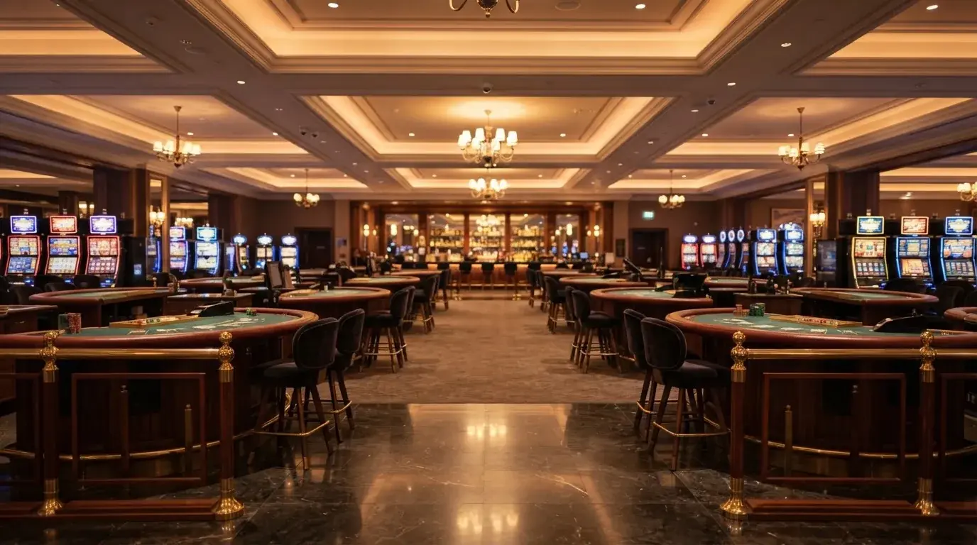 Weitwinkelaufnahme eines leeren, dezent beleuchteten Casino-Saals ohne Personen kurz vor der Öffnungszeit.