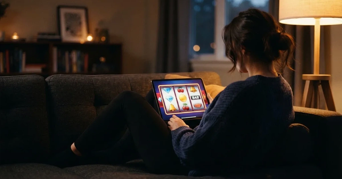 Person sitzt entspannt auf einem Sofa und blickt konzentriert auf ein Tablet in gedämpftem Wohnzimmerlicht am Abend.