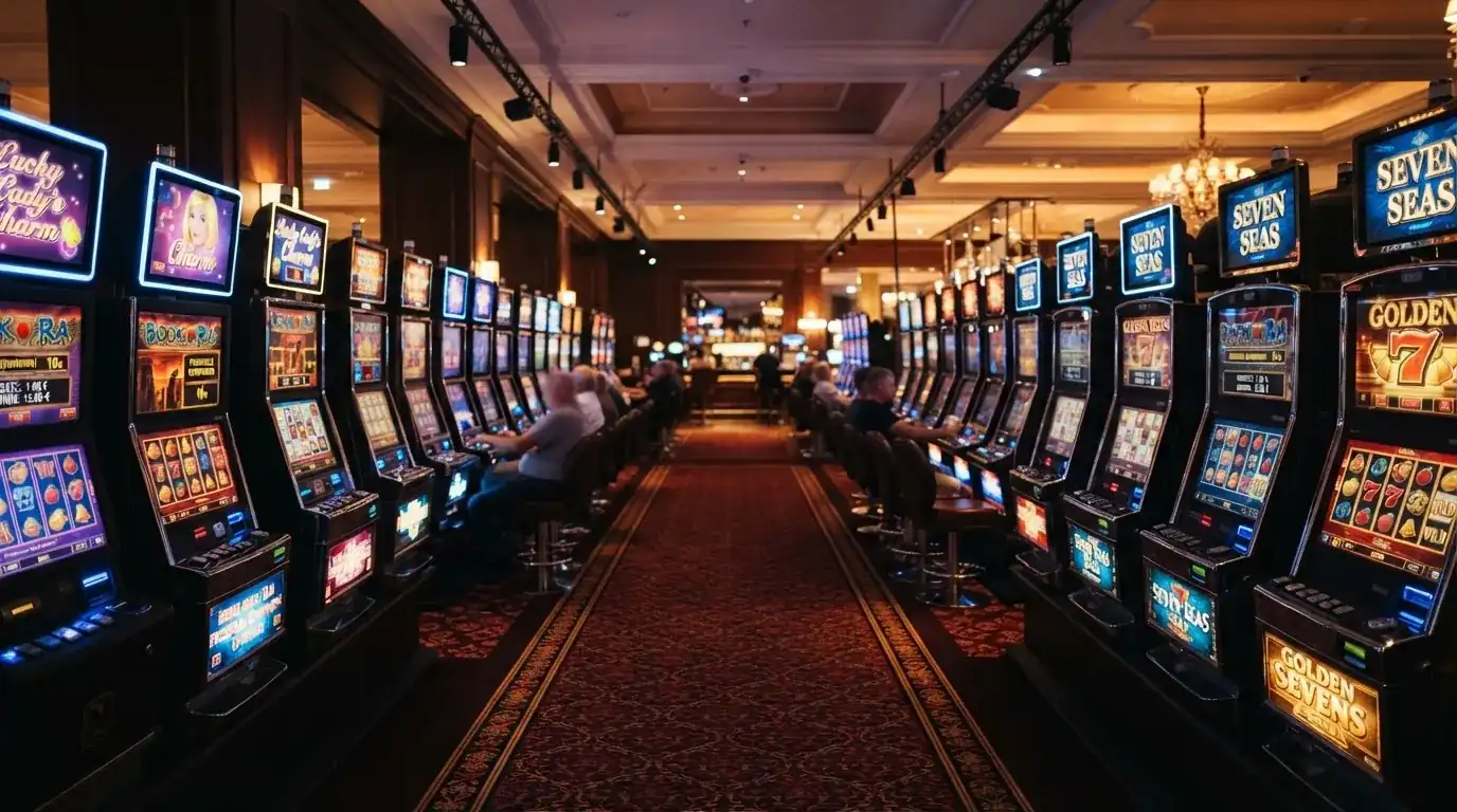 Reihe leuchtender Spielautomaten in einer Kasinohalle, fotografiert aus der Vogelperspektive eines Ganges.