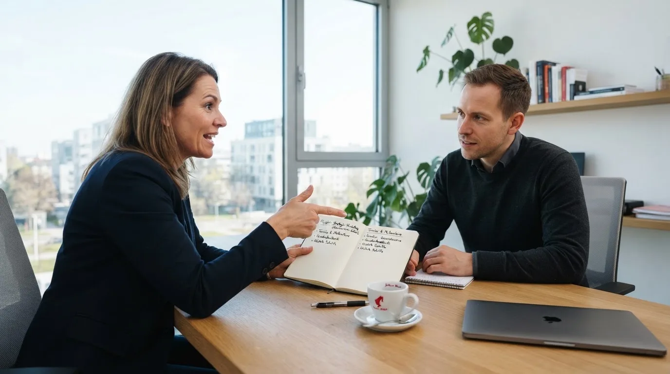 Person erklärt einer anderen Person etwas gestikulierend an einem Tisch in einem hellen Büro am Vormittag.