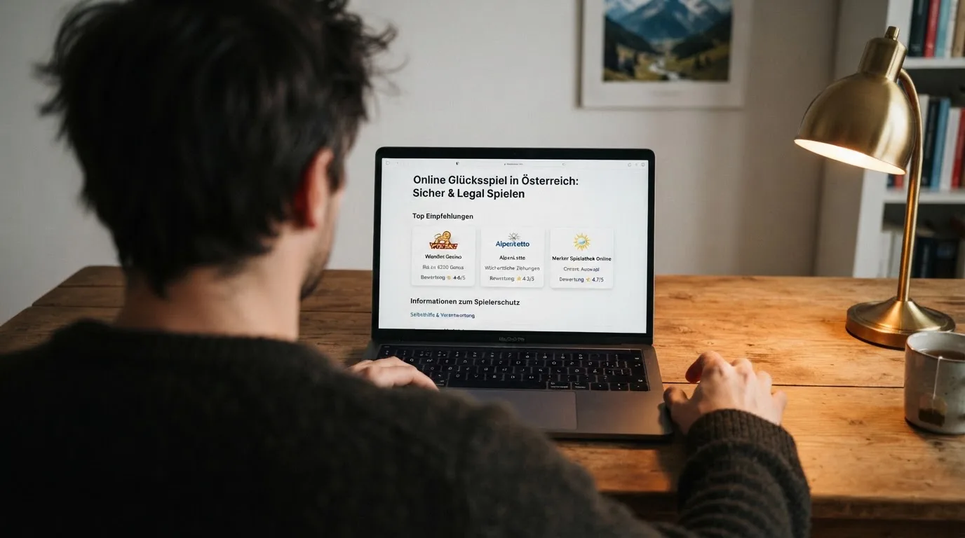 Person am Laptop liest eine Übersichtsseite zu Glücksspielen im Internet — binance coin casino vergleich