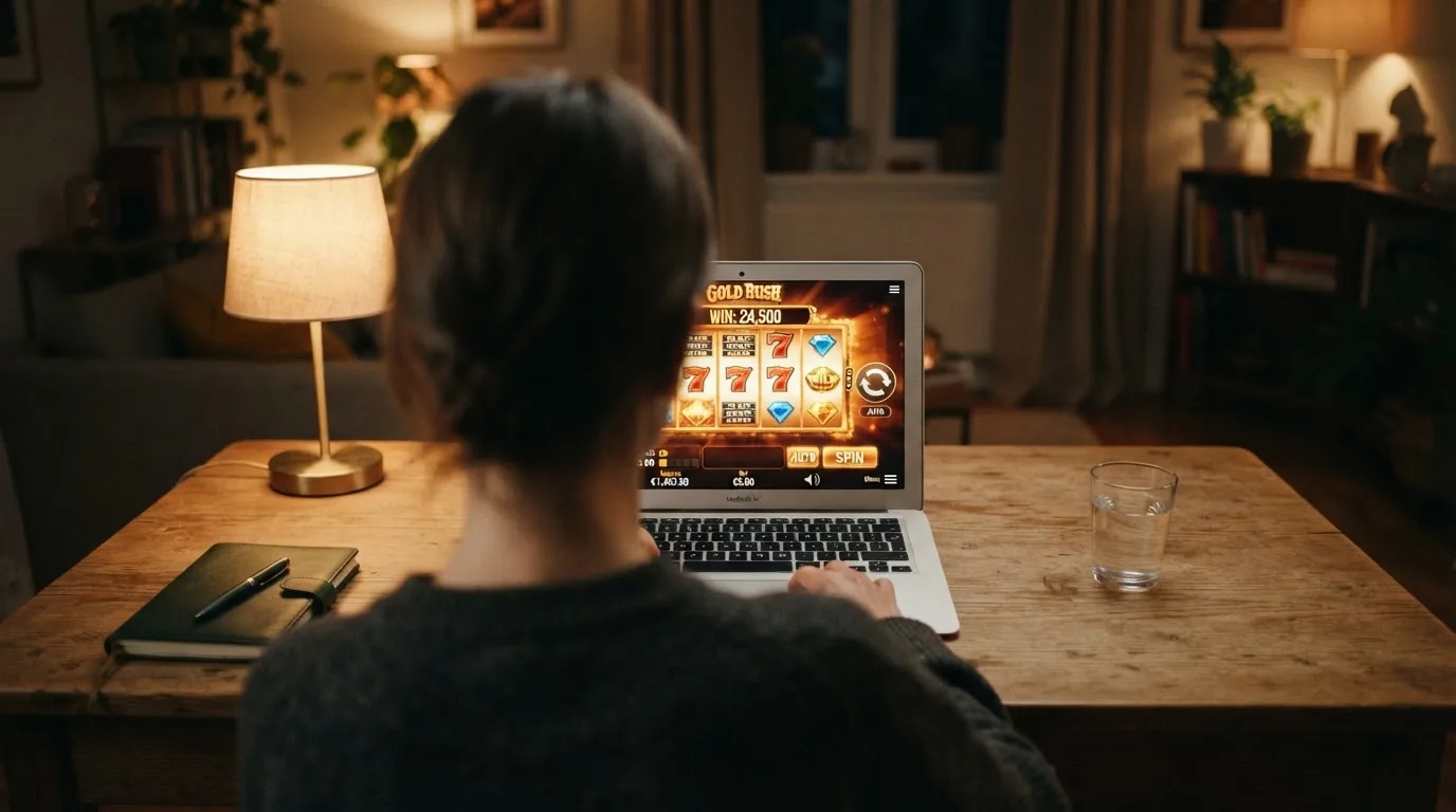 Person am Laptop liest eine Übersichtsseite zu Glücksspielen im Internet — bitcoin cash casino vergleich