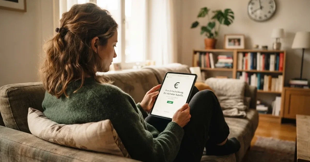 Person am Sofa schaut nachdenklich auf ein Tablet, im Hintergrund eine Uhr — casino bonus ohne einzahlung
