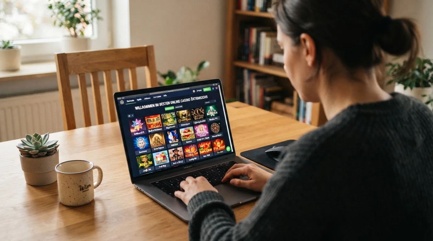 Person am Laptop liest eine Übersichtsseite zu Glücksspielen im Internet — casino guthaben ohne einzahlung