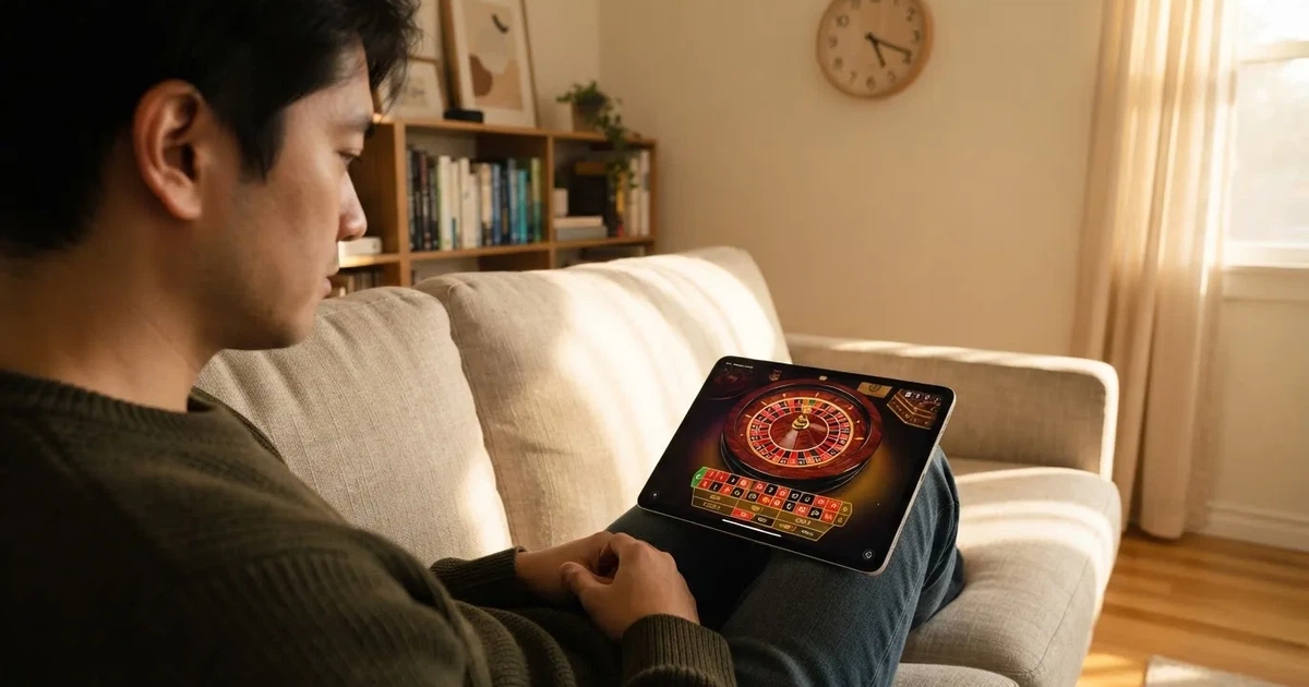 Person am Sofa schaut nachdenklich auf ein Tablet, im Hintergrund eine Uhr — casino guthaben ohne einzahlung
