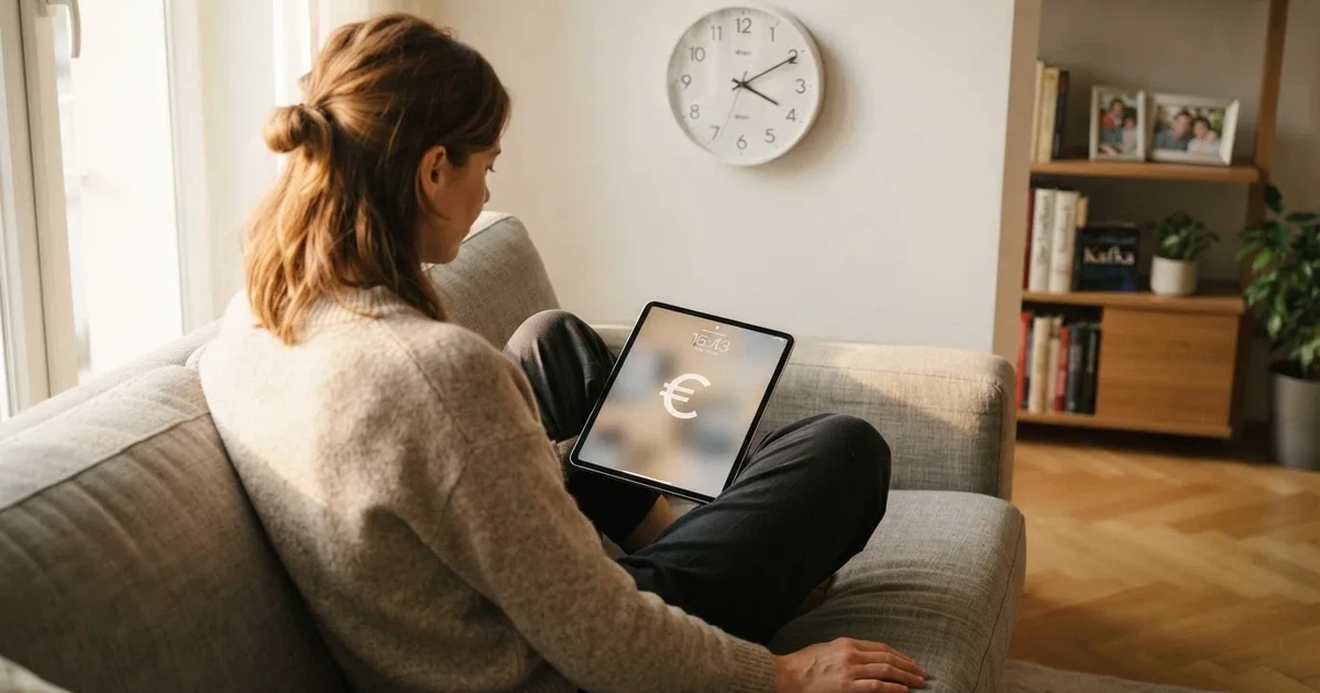 Person am Sofa schaut nachdenklich auf ein Tablet, im Hintergrund eine Uhr — casino online mit bonus ohne einzahlung