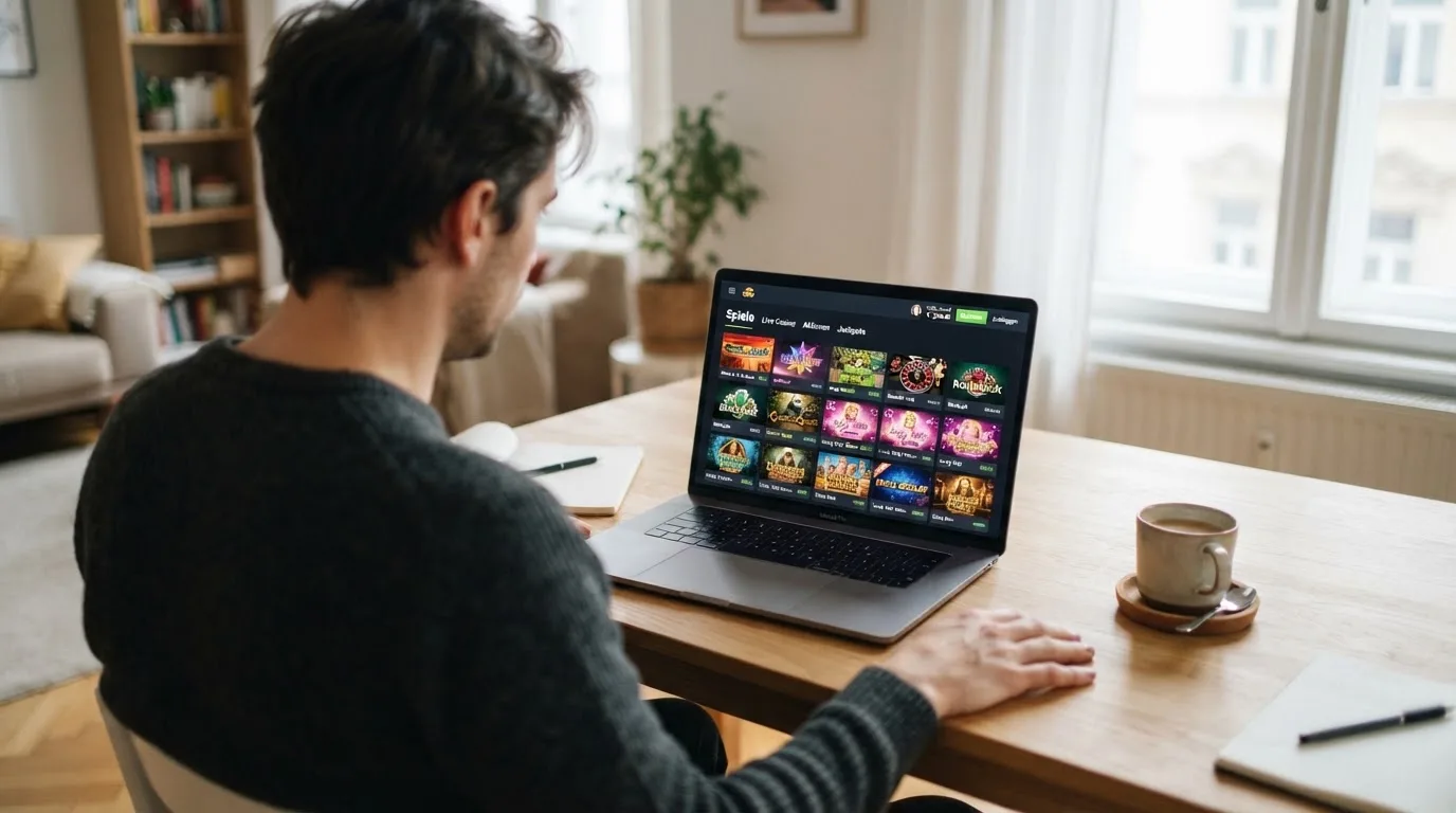 Person am Laptop liest eine Übersichtsseite zu Glücksspielen im Internet — online casino mit autoplay