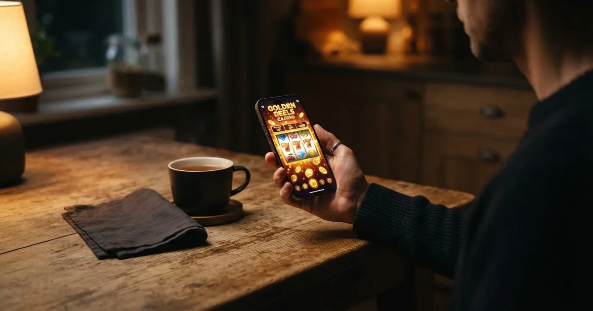 Hand hält ein Smartphone, daneben eine Tasse Tee, ruhige Abendstimmung am Küchentisch — online casino ohne auszahlungslimit