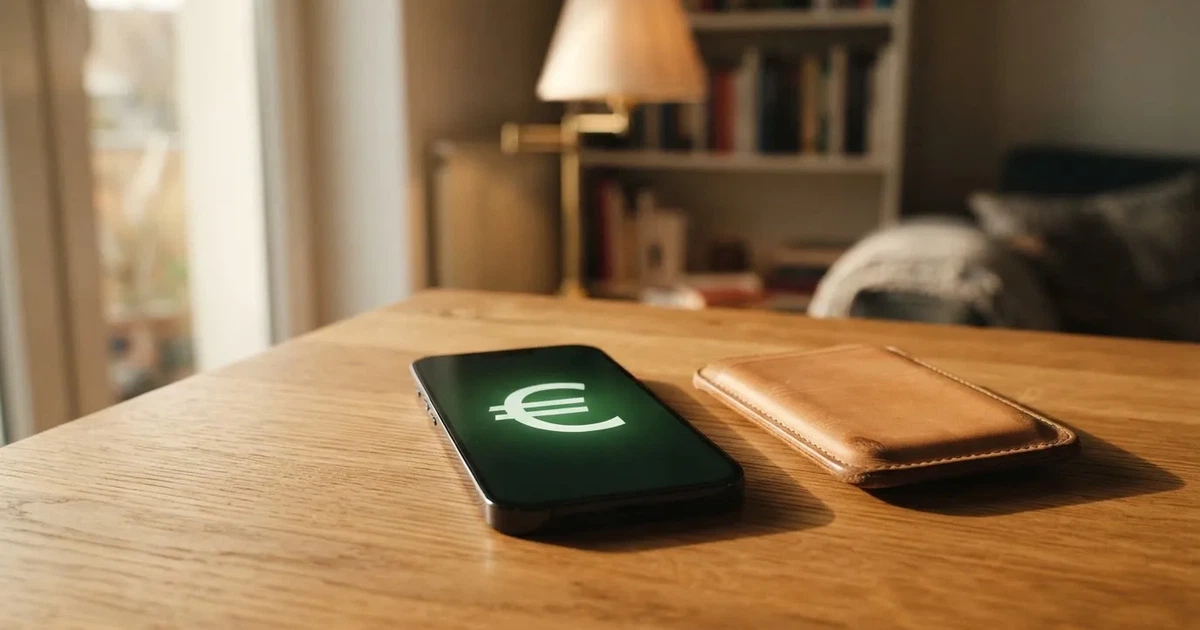 Kartenterminal und Smartphone auf einem Holztisch neben einer Geldbörse — online casino schnelle auszahlung